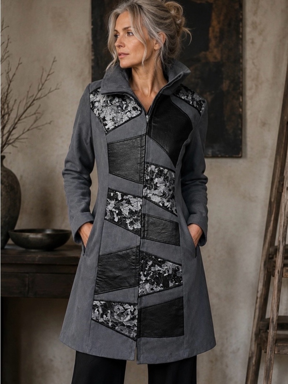 Wearable Art Leather Suede Coat Womens Patchwork Avant Garde Artisan Lagenlook